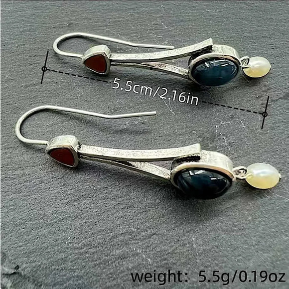 Silver Vintage Handmade Boho Geometric Stone Dangle Earrings - Picture 6 of 6